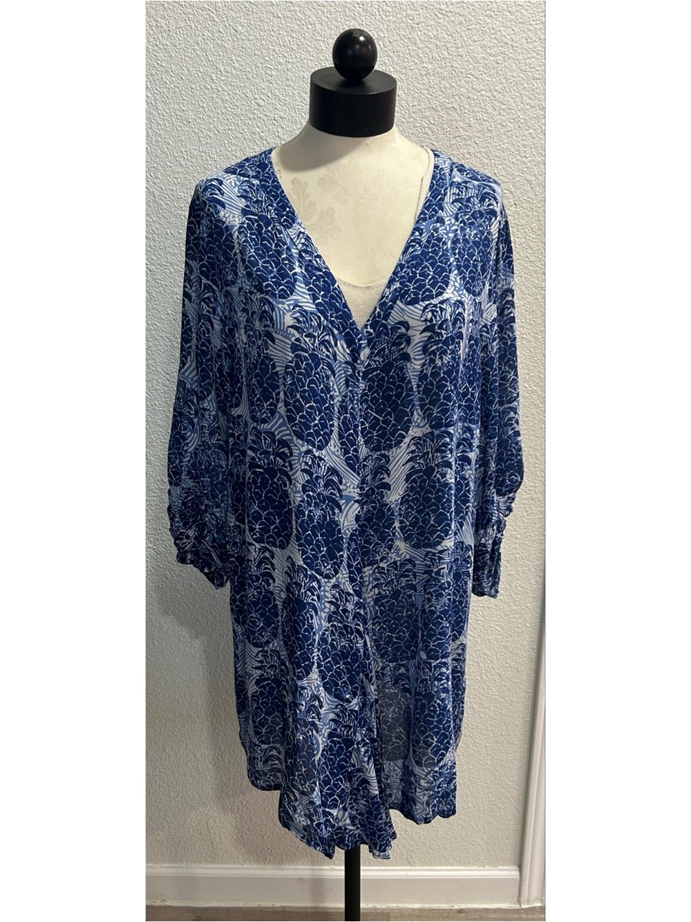 Blue Ginger Hawaiian Floral Aloha Blue Smocked Quarter Sleeve Dress Sz XL Rayon